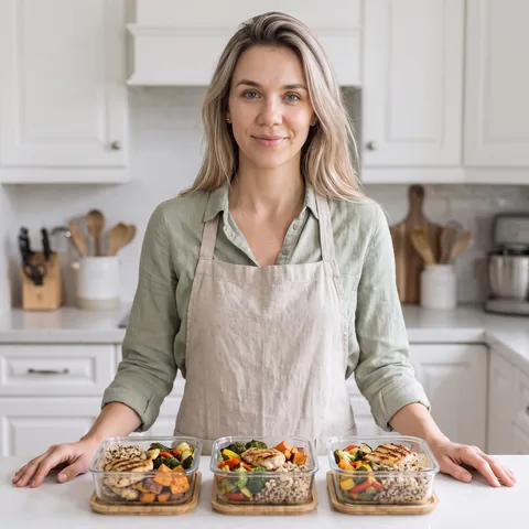 Mia Rose, nutrizionista, con tre contenitori di pasti pronti sul piano della cucina